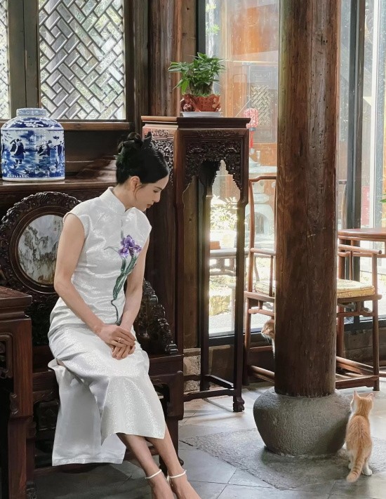 李若彤身穿修身旗袍写真，在庭院中弹古筝梦回“小龙女”